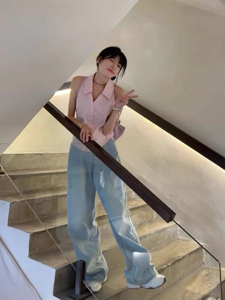 Sleeveless Halter Polo Shirts Summer Y2k Pink Button Up Blouse Female Slim Office Lady Clothes