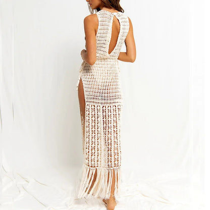 Crochet Knitted Maxi Dress Beach Cover Up Dresses Summer High Cut Tassel Dress Swimsuit Beachwear Outfits