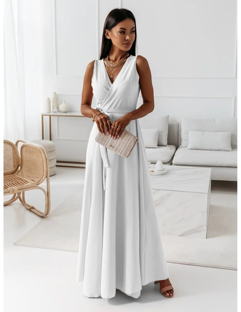 Dresses for White Sleeveless Loose V Neck Color Long Dresses Party Evening Robe Vestidos