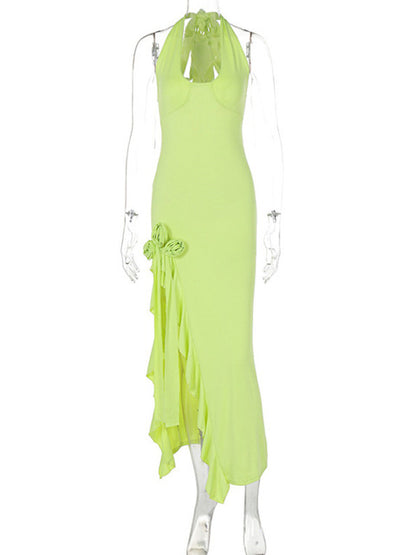 Flower Draped Split Long Dress for Halter Deep V Neck Sleeveless Backless Bodycon Club Party Long Dress