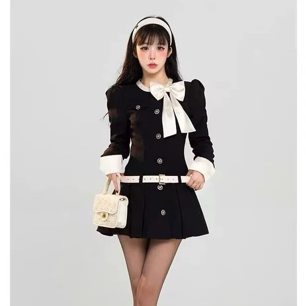 Sweet Bow Socialite Long Sleeve Black Dress for Autumn New Highend Waist Cinching Slimming Aline Pleated Mini Dress