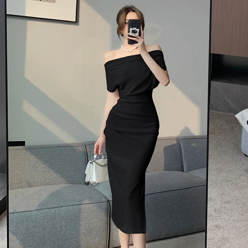 French Temperament Celebrity Wind Strapless Oblique Collar Dress Female Spring and Summer Slim Open Package Hip Long Dress