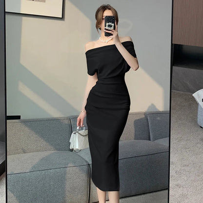 French Temperament Celebrity Wind Strapless Oblique Collar Dress Female Spring and Summer Slim Open Package Hip Long Dress