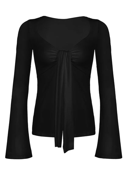 Black Tie V Neck Split Slim Blouses Flared Long Sleeve Basic Spring Autumn Shirts