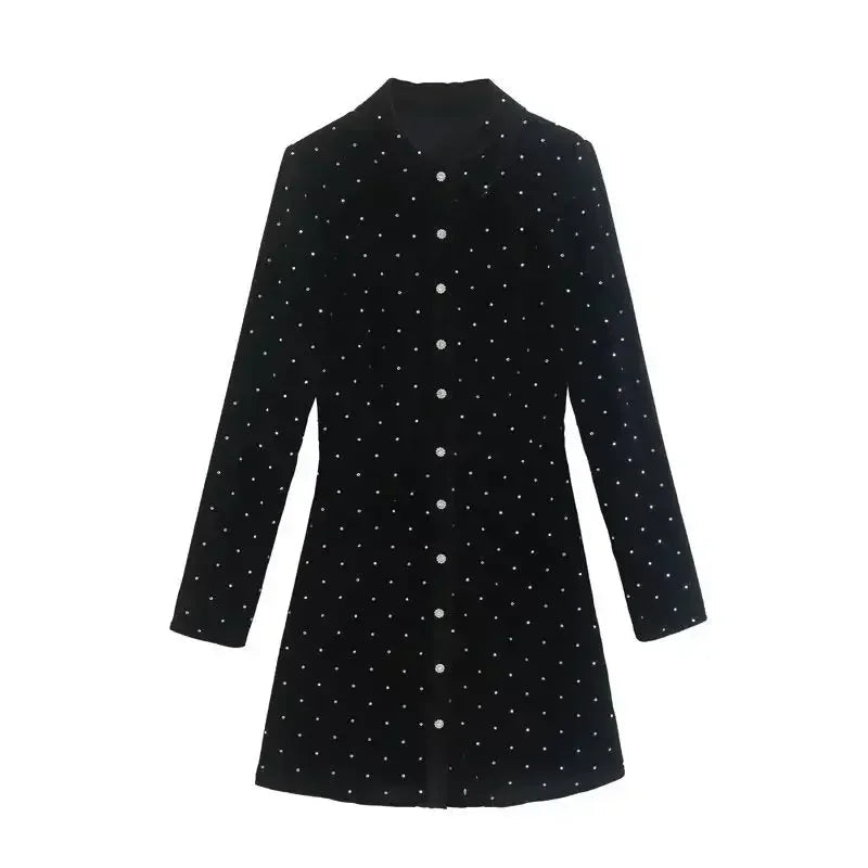 Dot Velvet Mini Dress Turn Down Collar Single Breasted Long Sleeve Skirt Autumn Female Dresses
