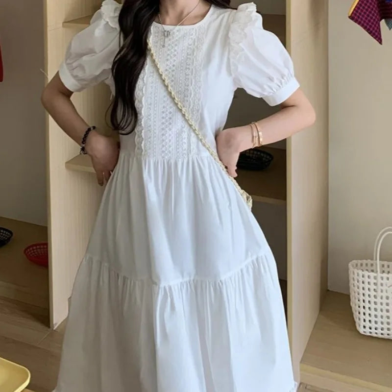 White Long Dresses Puff Sleeve Spring Summer Vestidos Mujer Korean Ruffles Sweet Dress