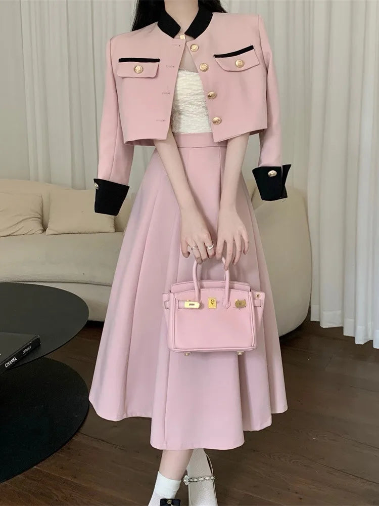 New Small Fragrance Two Piece Set Short Jacket Coat + Long Skirt Suits Korean Ol 2 Piece Sets