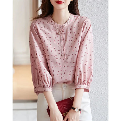 Woman Spring Summer Style Blouses Tops Lady Half Sleeve Stand Collar Polka Dot Printed Blusas Tops Df4474