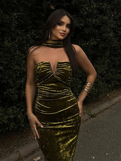 Halter Velvet Midi Dresses Backless Pleated Zipper Green Party Dress Female Spring Summer Lady Slim Fit Robes
