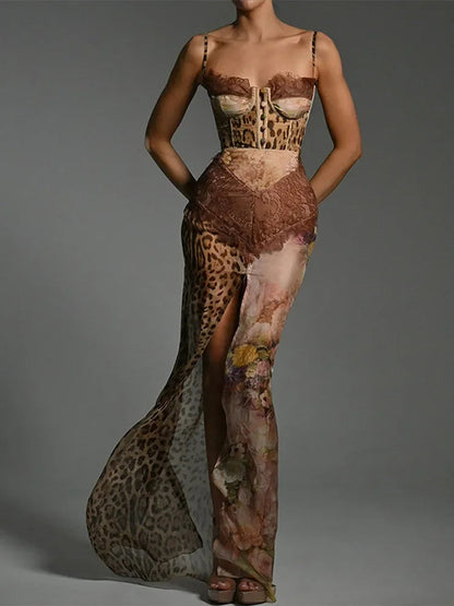 Leopard Mesh Patchwork Maxi Dress
