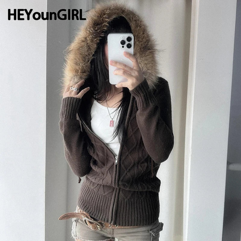 Fur Hooded Cardigan Fall Brown Knitted Zipper Coat Winter Street Outfits Korean Jacket 2000s