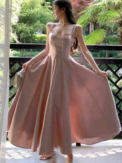 Satin Midi Dresses for Sleeveless High Waist Evening Party Dress A-line Prom Robe Korean Summer Vestidos
