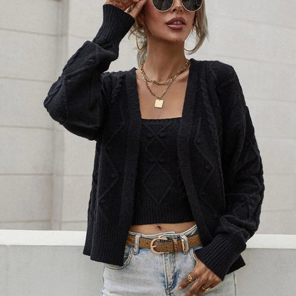 Knitted Short Cardigan Suspender Jacket Sweater Slim Autumn and Winter Sweater Jacket Twopiece Suit