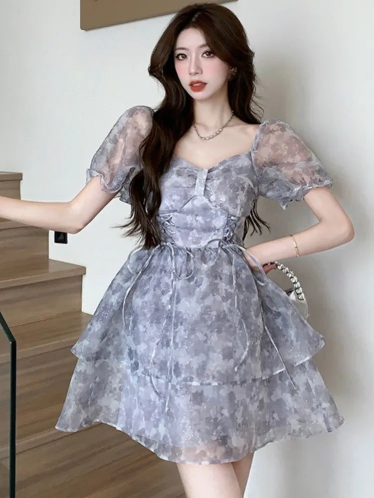 Korean Sweet Laceup Mini Dress Print Puff Sleeve Ball Gown Birthday Party Short Dresses Summer Spring Princess Vestidos