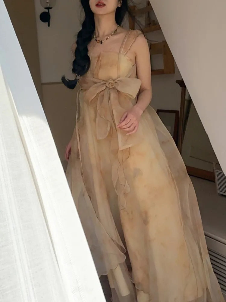 Summer Tie Dye Mesh Midi Dresses Sleeveless Fairy Bow Design Dress Female Irregular Ruffles Backless Dresses