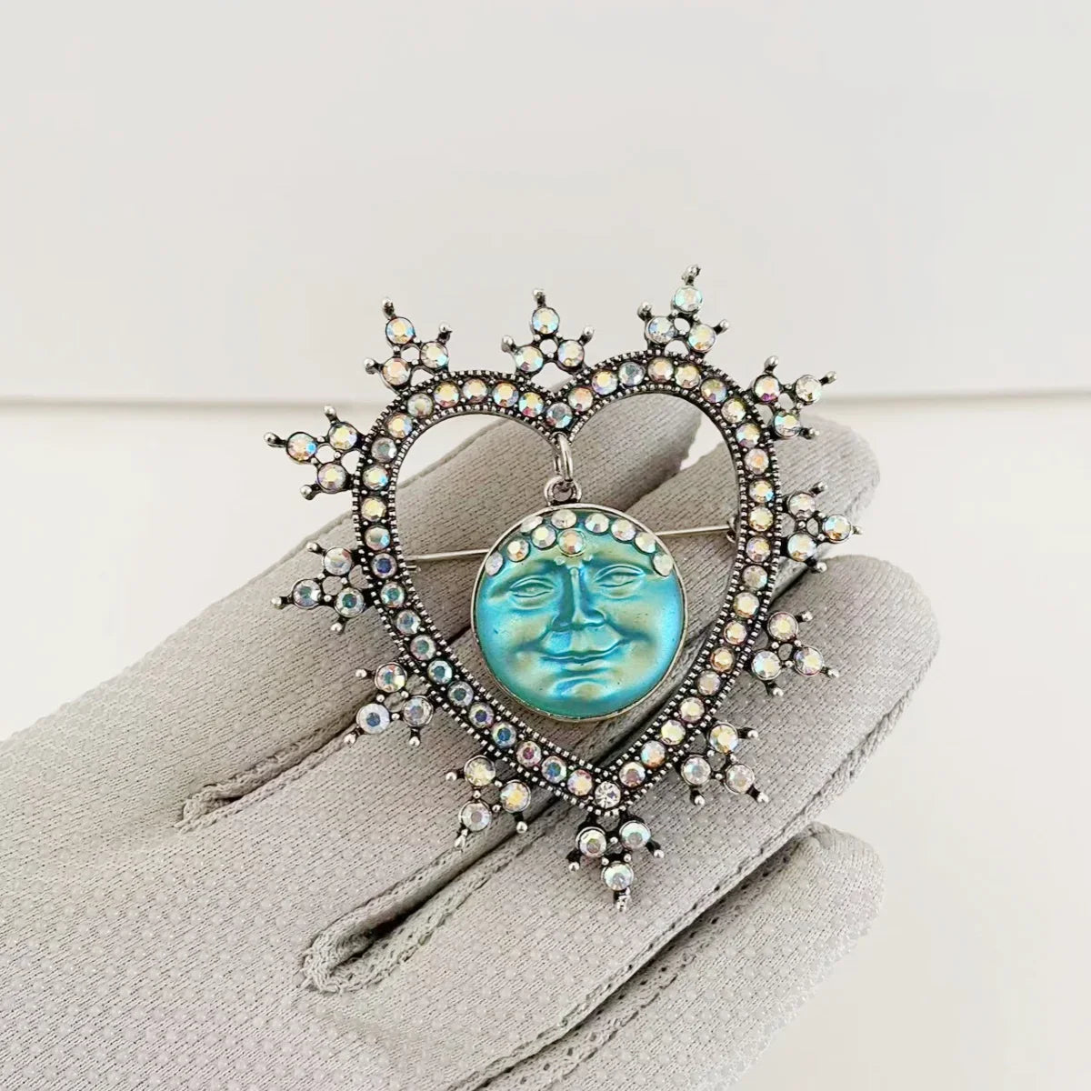 Rhinestone Heart & Moon Face Brooch