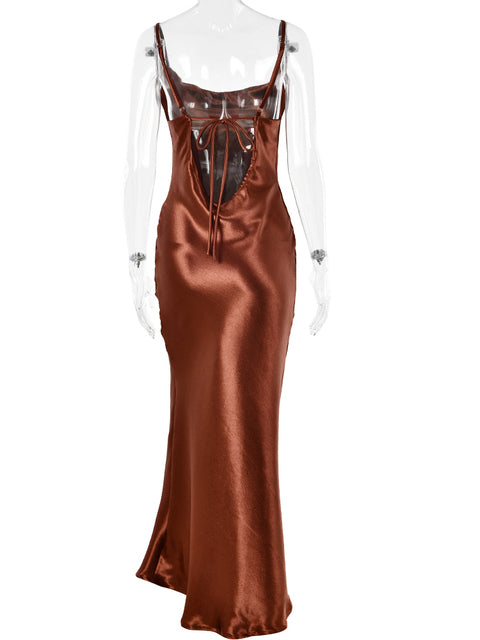 Gold Satin Lace Up Party Dress Strap Backless Silk Long Dress Club Evening Soft Winter Dress Vestidos