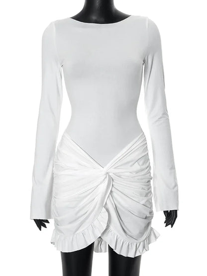 Pleated Twist Mini Dress for Bodycon O Neck Long Sleeve Dresses Patchwork Autumn Gown Dress
