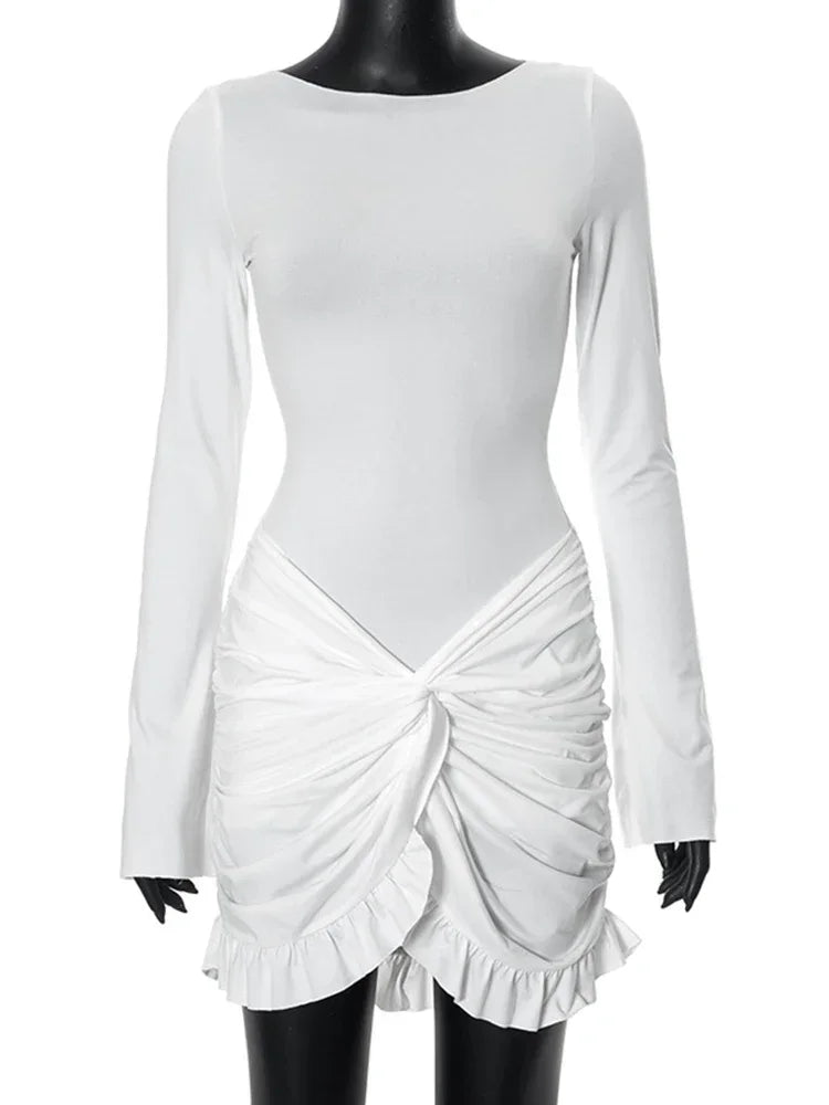 Pleated Twist Mini Dress for Bodycon O Neck Long Sleeve Dresses Patchwork Autumn Gown Dress
