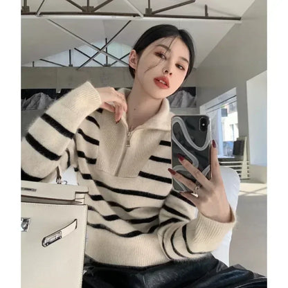 Autumn Winter Female Pullover Knit Loose Clothing Zipper Pullovers Shirts and Blouses Long Sleeve Traf Store Knitwears