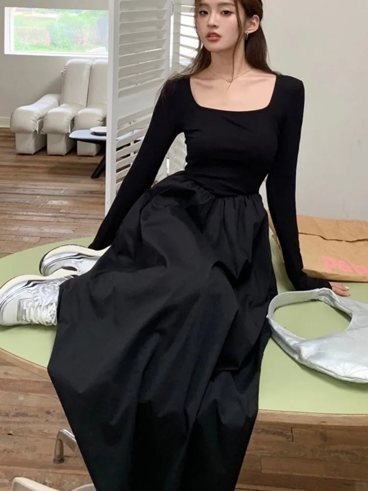 Knitted Midi Dresses for Long Sleeves Square Collar A-line Autumn New Dress Female Slim Vestidos