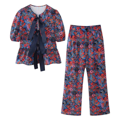 2 Piece Set Printed Lace Up Blouse Top Oneck Short Sleeve Tshirt Loose High Waist Wide Leg Pant