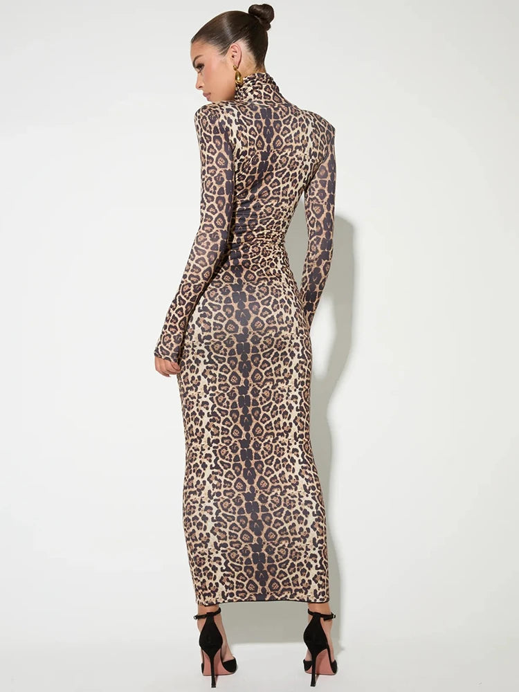 Leopard Print Long Sleeve Maxi Dress for Autumn Winter Turtleneck Printed Bodycon Long Dress