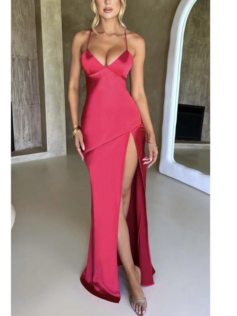 Strapless Satin Maxi Dress Open Back High Slit Slim Dress Spring Summer Party Club Vestidos