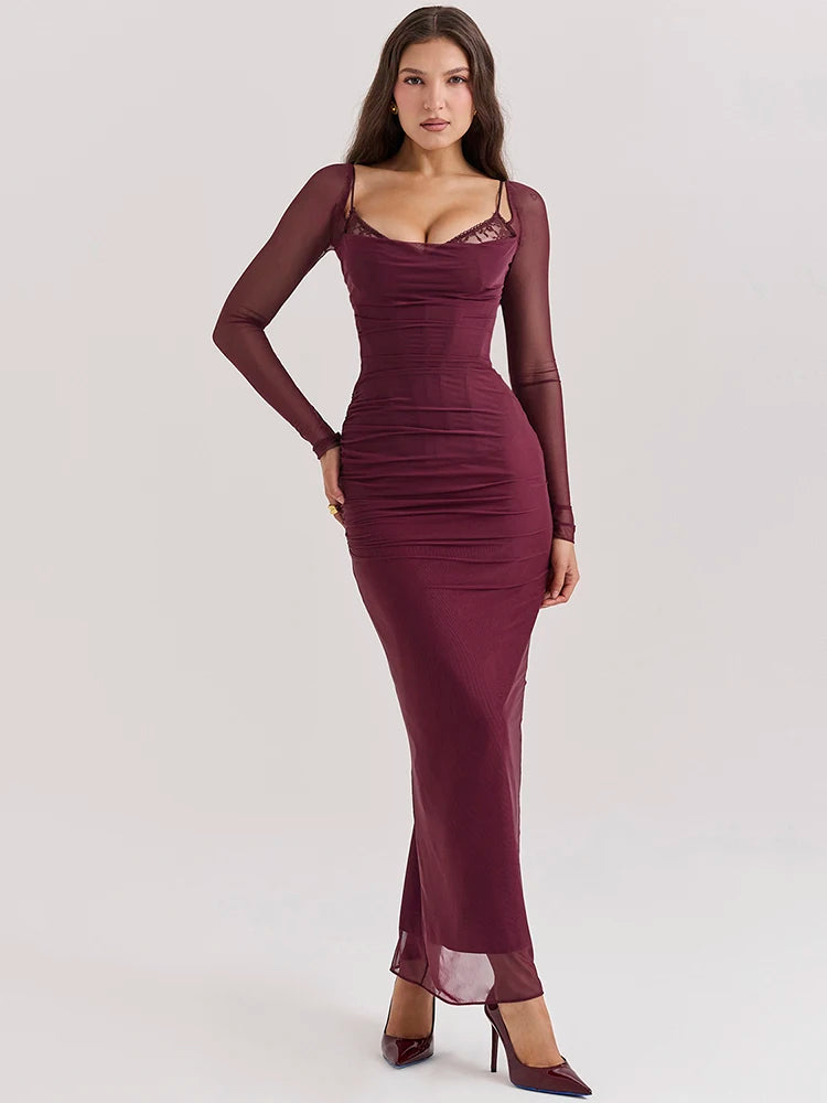 Sheer Long Sleeve Maxi Dress for Mesh Strapless Backless Club Party Long Dress