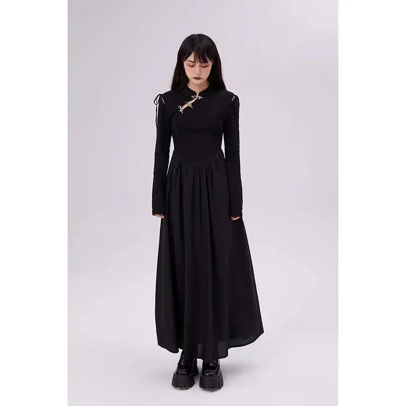 Black Gothic Dress Y2k Long Sleeve Party Bottoming New Korean Harajuku Lady Midi Dress