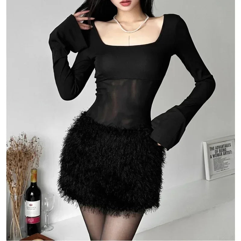 Korean Mesh Splicing Slim Longsleeved Dress Spring New Square Collar Color All Match Mini Dress