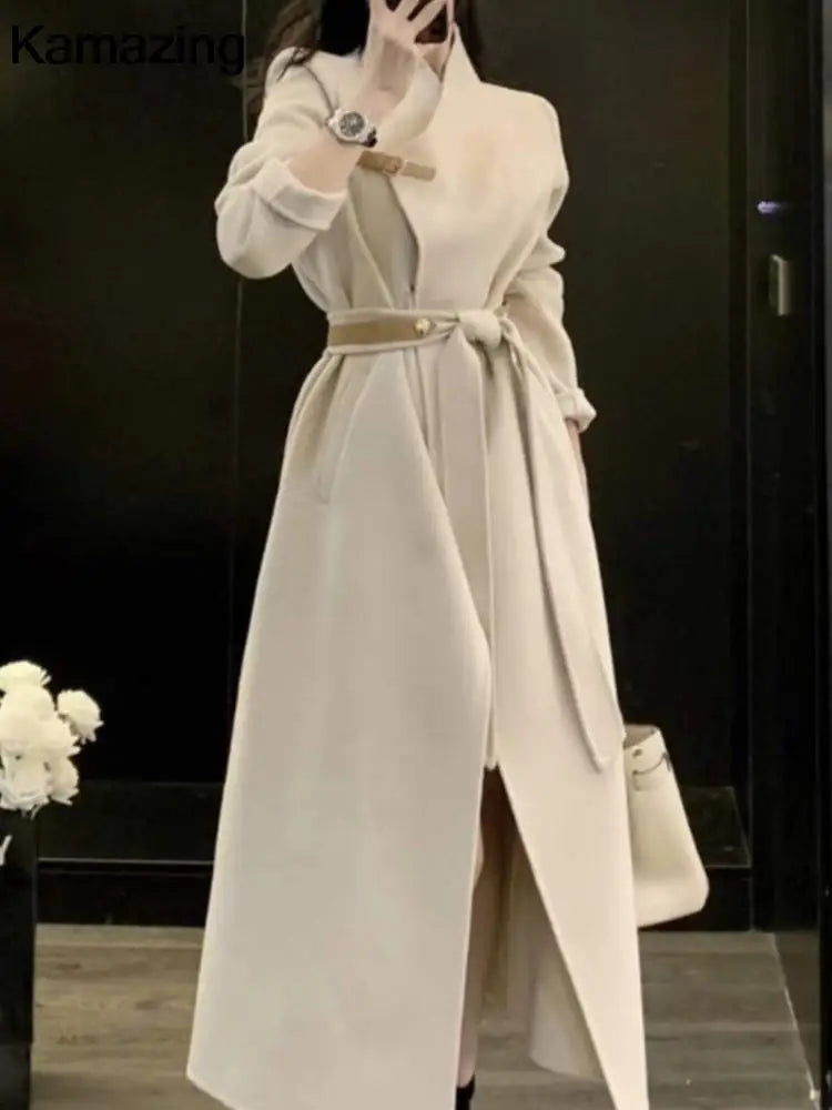 Woolen Coat French New Loose Outerwear With Belted Office Lady Fleece Warm Mujers Clothes