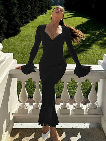 Autumn Ruffled Maxi Dress ’s High Waist Long Sleeve Commute Patchwork Party Dress Female Clothes