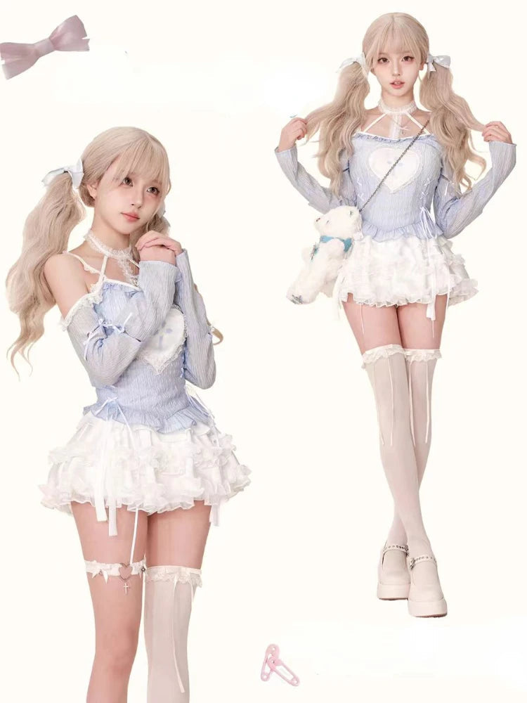 Japanese Style Lolita Skirt Sets Woman Harajuku Kawaii Print Blouse + Slim Cake Skirt Y2k Mini Skirt Hot 2000s