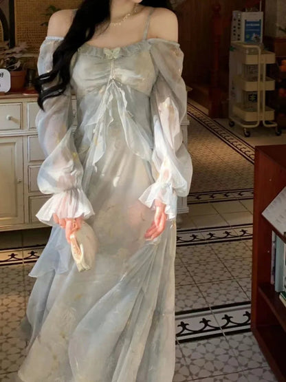 Summer Print Midi Dress Spaghetti Strap Aline Party Birthday Clothes Female Vestidos Long Robe New