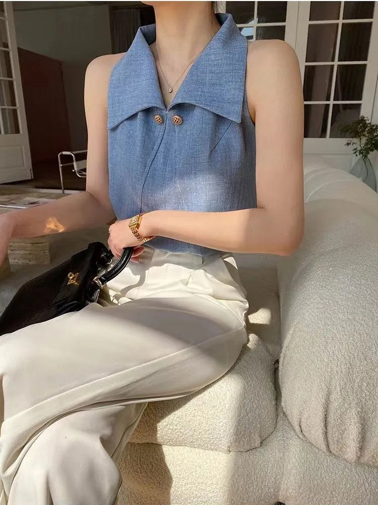 Temperament Lapel Blouse Sleeveless Off Shoulder Blue Shirts Office Lady Formal Tops Summer