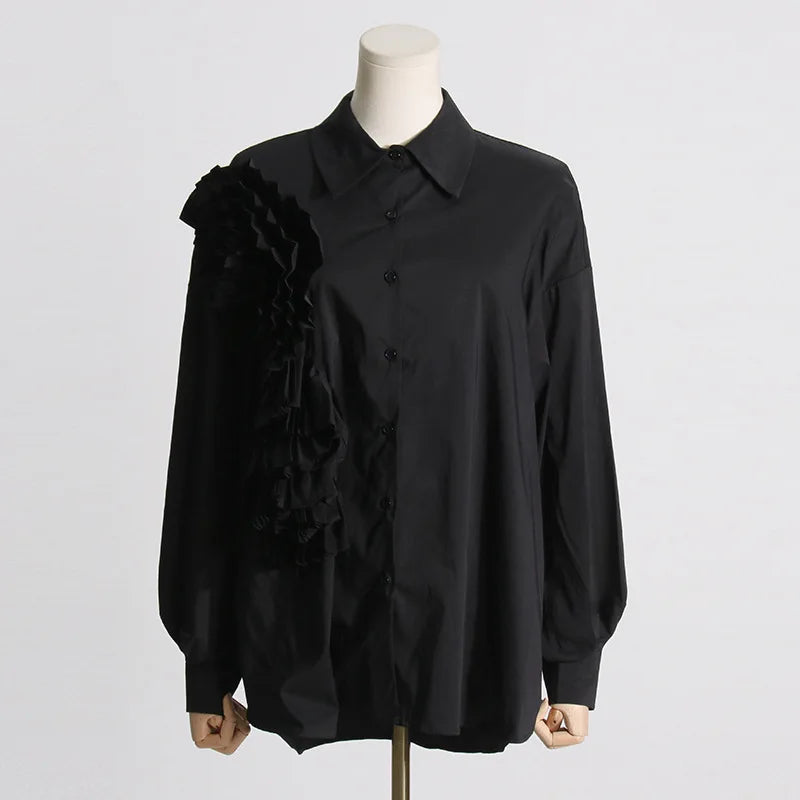 Shirt Lapel Long Sleeves Single Breasted Threedimensional Flower Color Blouse Autumn New 3wq505