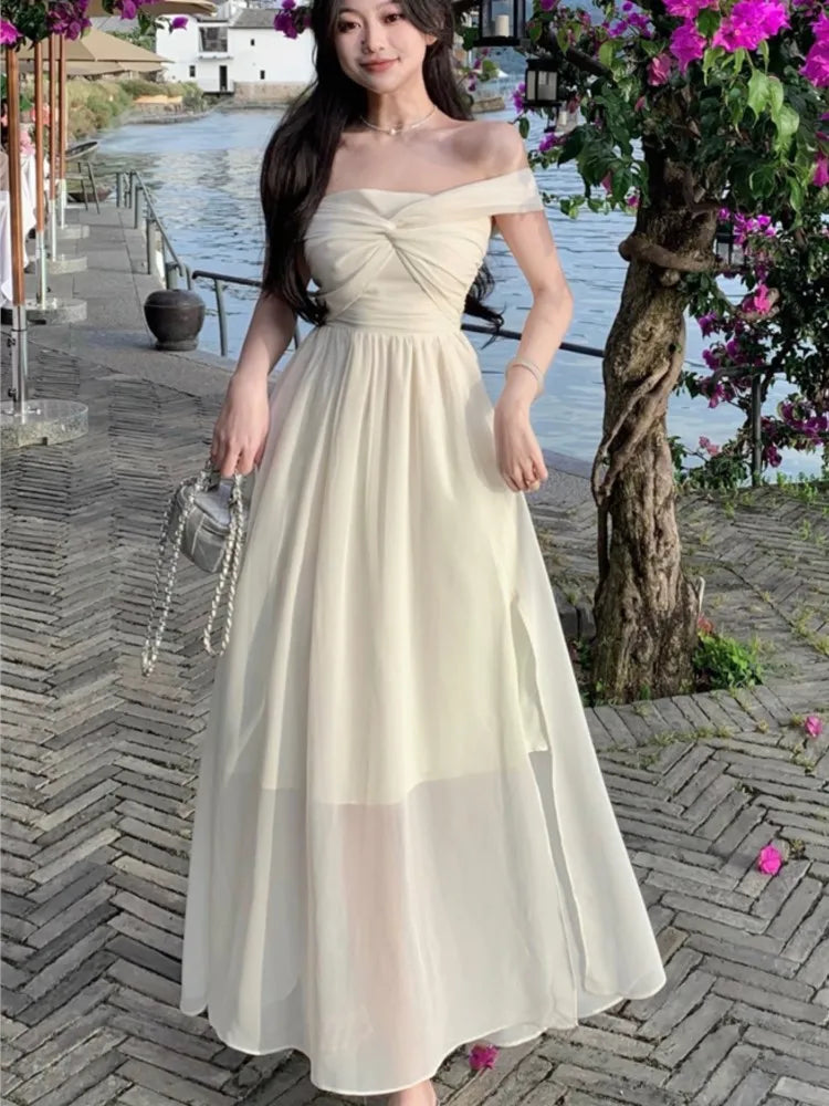 Chiffon Midi Dress Summer New Off Shoulder Slash Neck High Split Holiday Beach Style Backless Party Dress Vestido