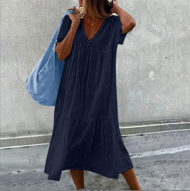 Color Cotton Linen Midi Dresses V-neck Short Sleeves Loose Dress Simple Style Lady Commuting Vestidos