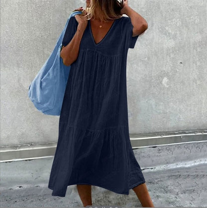 Color Cotton Linen Midi Dresses V-neck Short Sleeves Loose Dress Simple Style Lady Commuting Vestidos