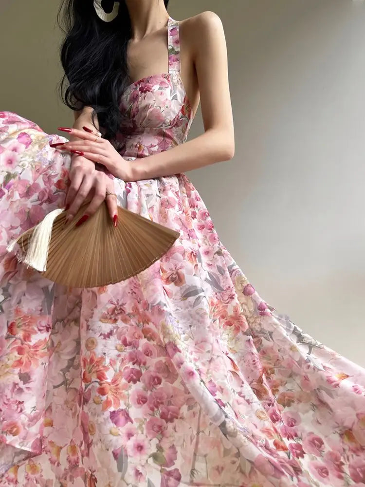 Suspender Dress French Exquisite Print Summer Vacation Seaside Swing Long New Long Dress
