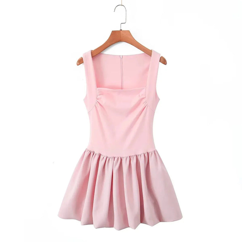 Spring New Pink Sweet Mini Dress Square Collar Sleeveless Short A-line Vestidos Female Dresses