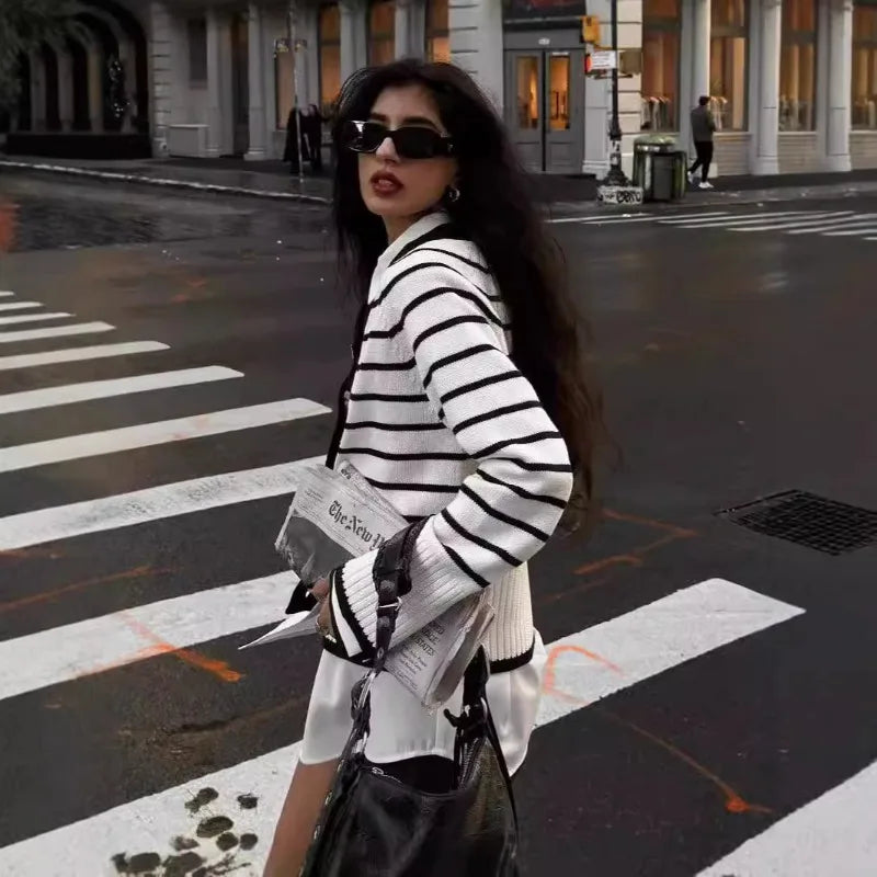 European and American Autumn and Winter New Versatile V-neck Striped Knitted Cardigan Sweater Striped Jacket