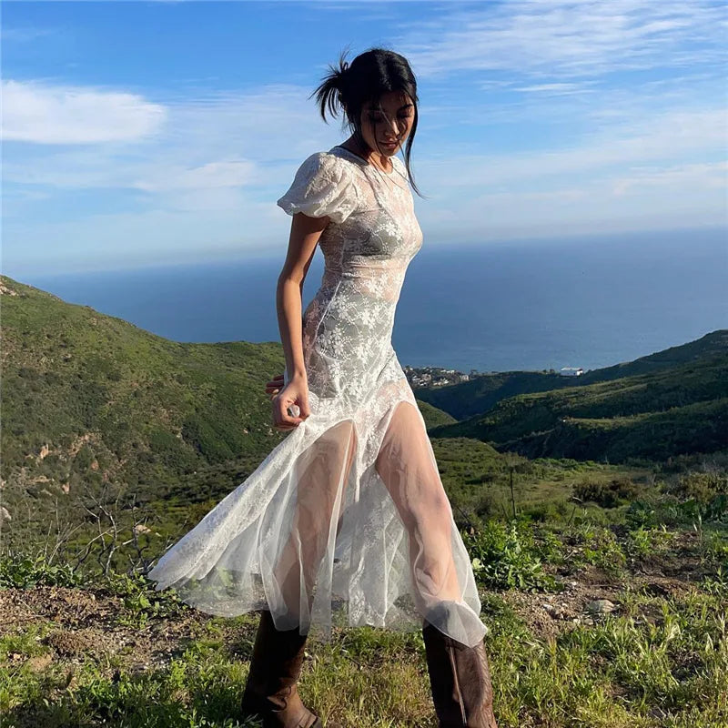 Y2k Fairycore See Through Lace Mesh White Dress Summer Retro Puffy Short Sleeve Long Dresses Coquette
