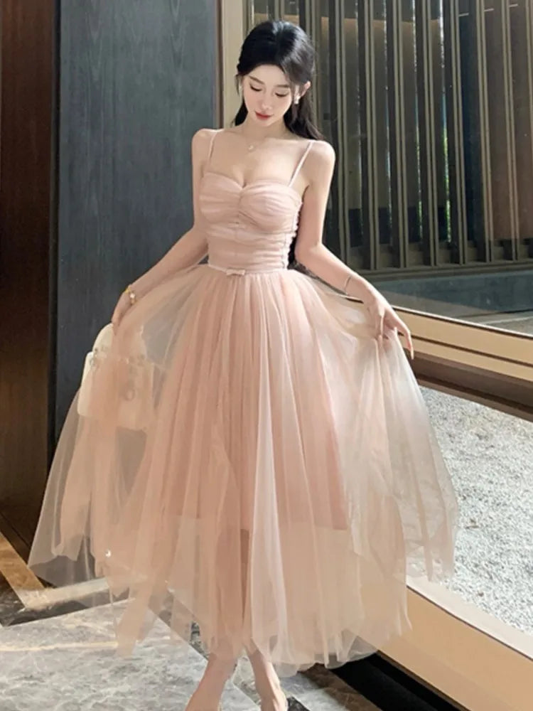Sweet Printcess Midi Dress for Spaghetti Strap Fairy Birthday Party Dress Summer Ball Gown Korean Female Vestidos