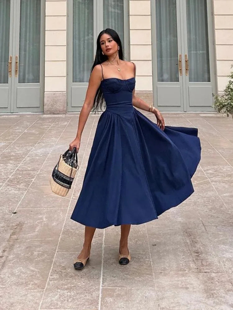 Spaghetti Strap Slim A-line Midi Dress