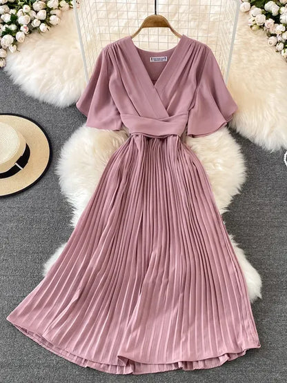 Pleated Dress Summer Short Sleeve V-neck Dresses a Line High Waisted Midi Dress
