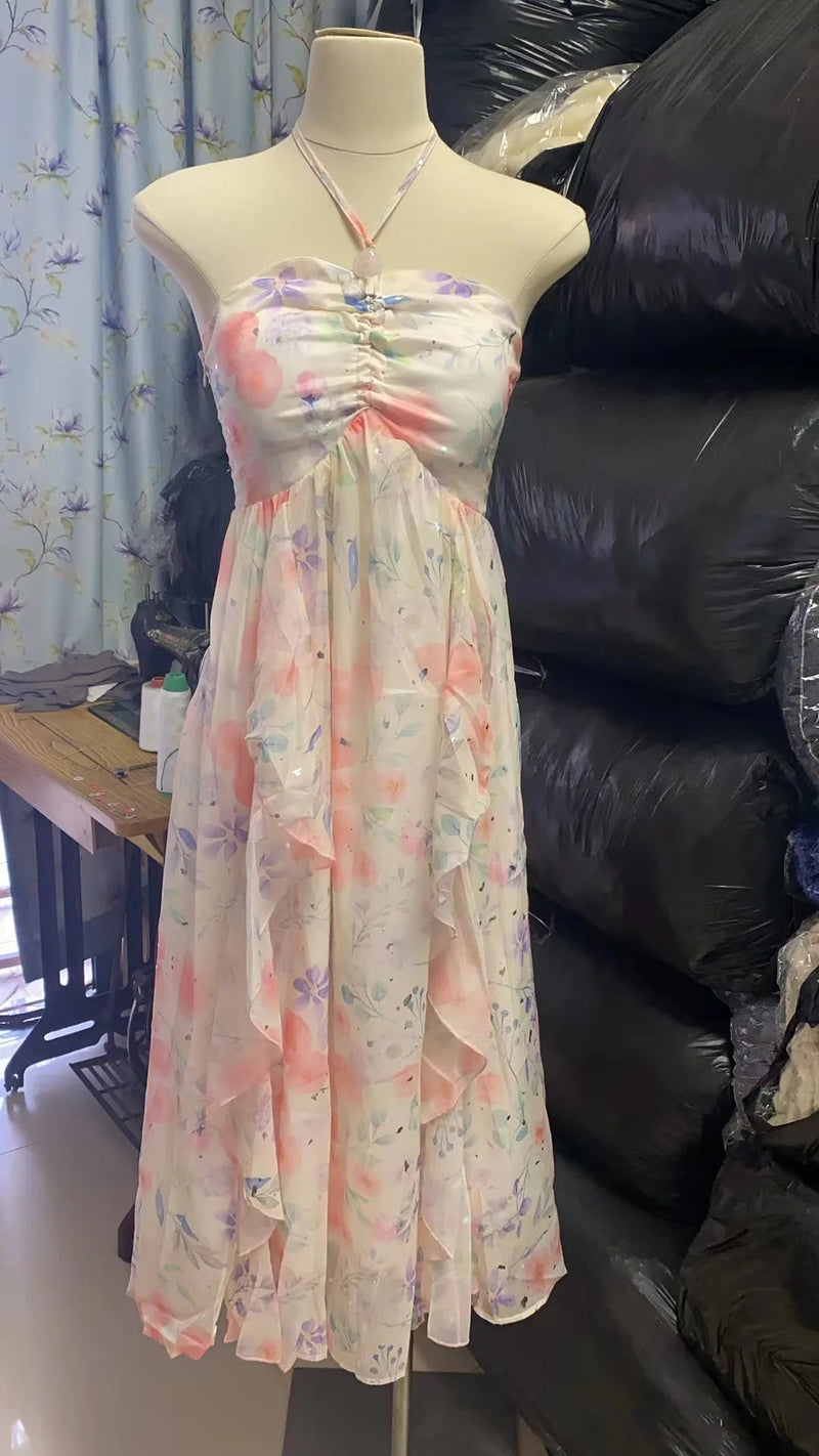 Sleeveless Midi Dresses for Beach Style Chiffon Hanging Neck Strap Holiday Sundress One Piece Vestidos