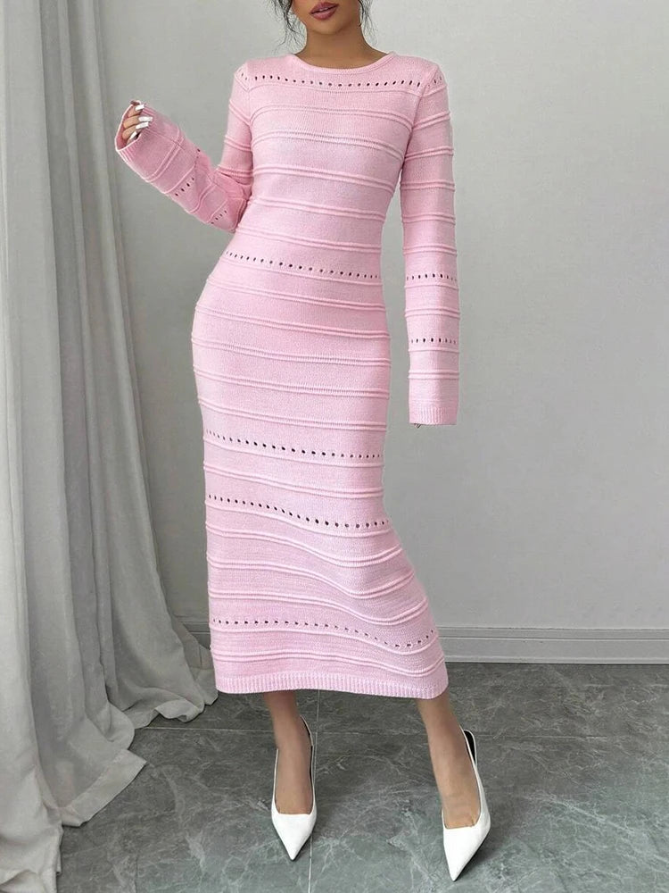 Striped Hollow Two-wear Knitted Long Dress for Party Club Sweater Dress Vestido Femaleslim Outfits