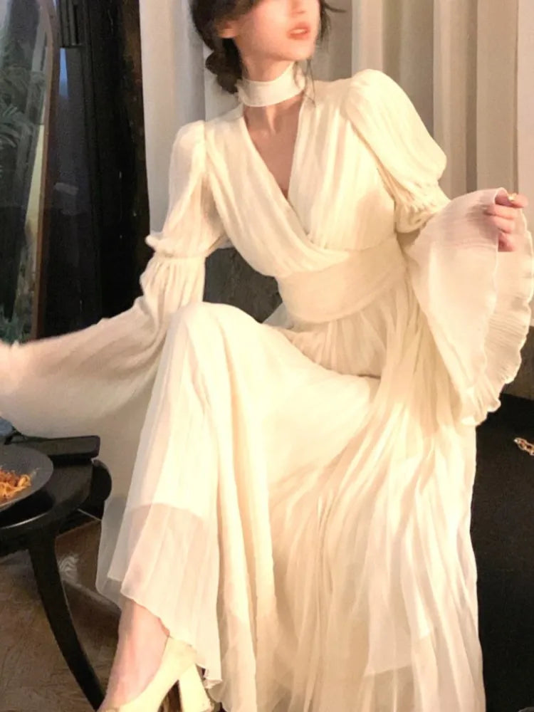 French Ruffle Irregular Long Dresses Fairy Pleated Party Evening One Piece Dress Korean Female Clothings